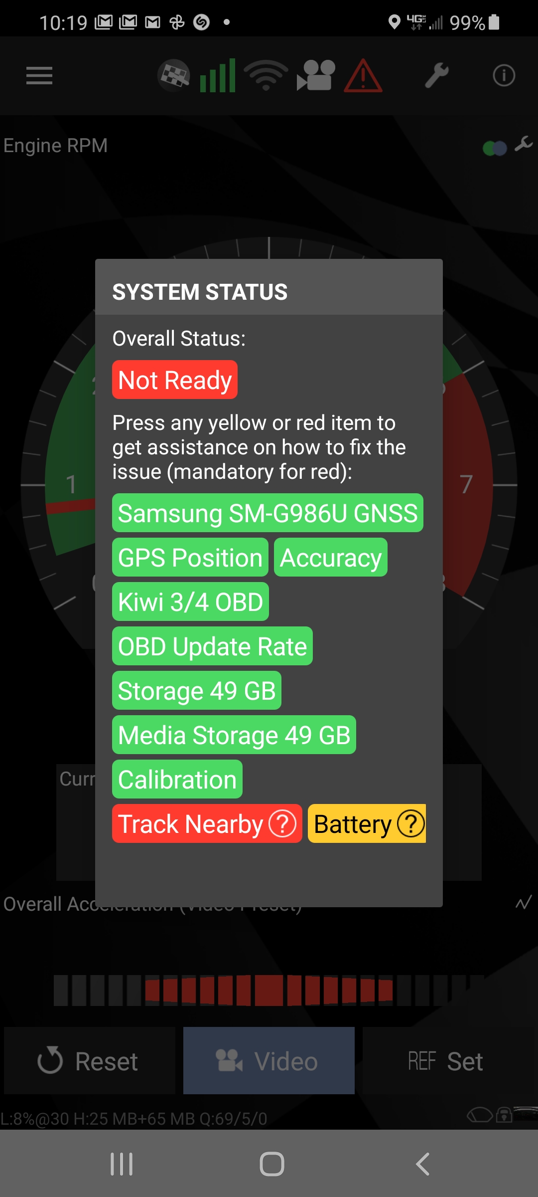 Status showing everything Green except track